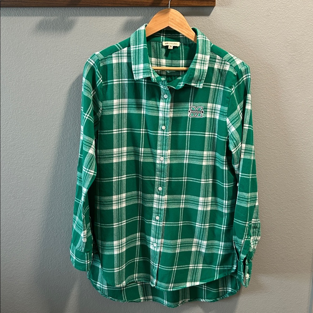 Marshall University Thundering Herd green & white plaid tunic-length flannel M